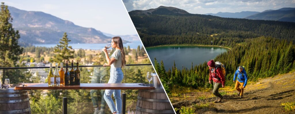 Girl sipping wine outside in the Okanagan and two hikers hiking